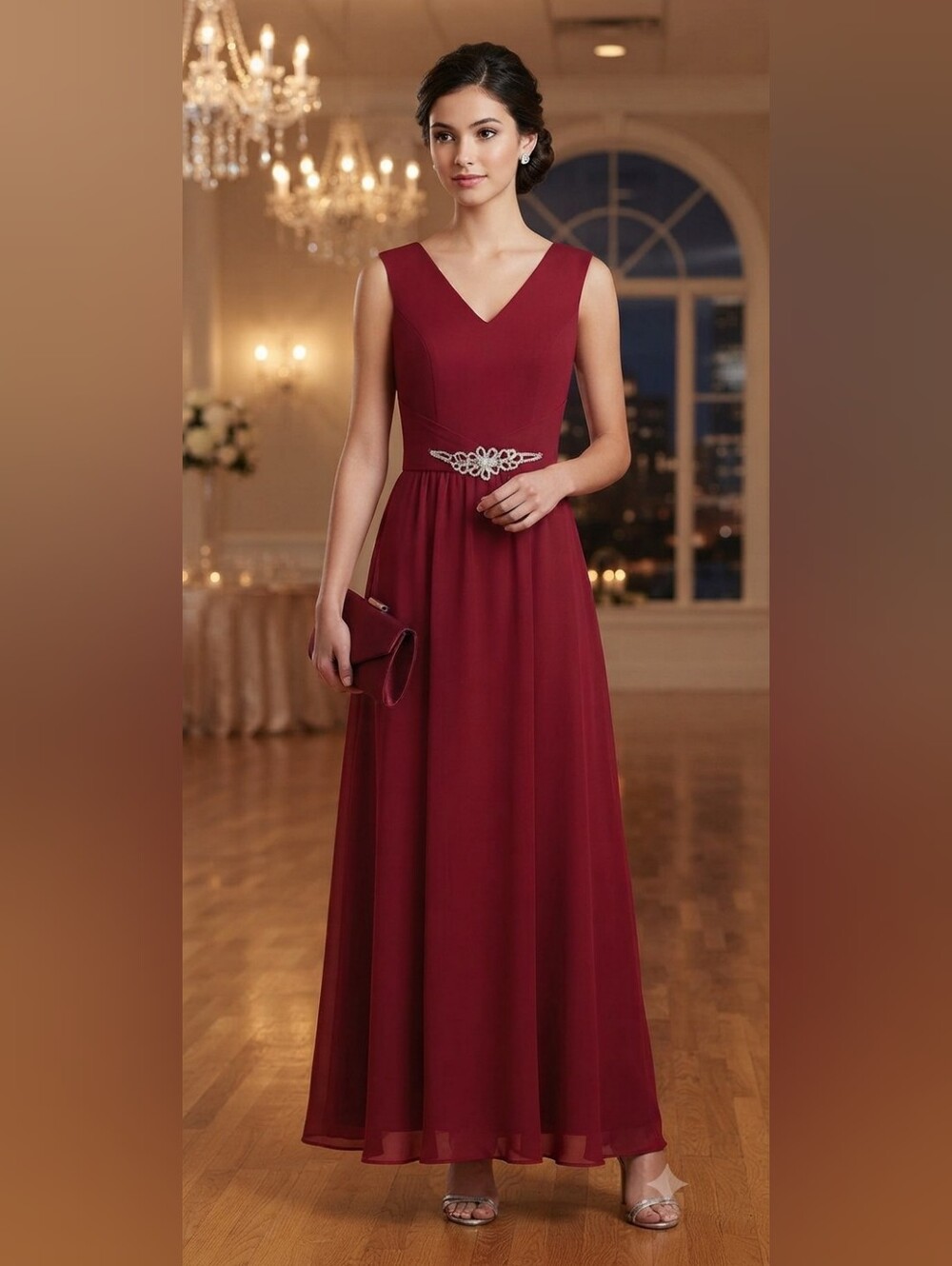 Elegant V-Neck Burgundy Evening Dress with Embellished Waist